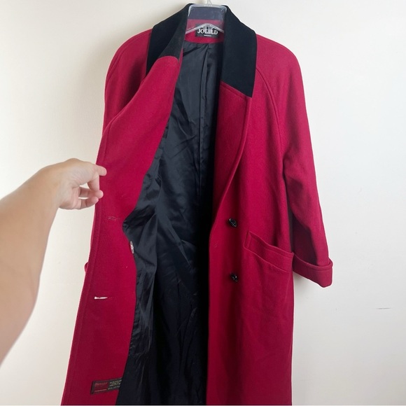 Vintage Jofeld Long Wool Coat Velvet Collar Pockets Red Black Large Old Money - Picture 12 of 16